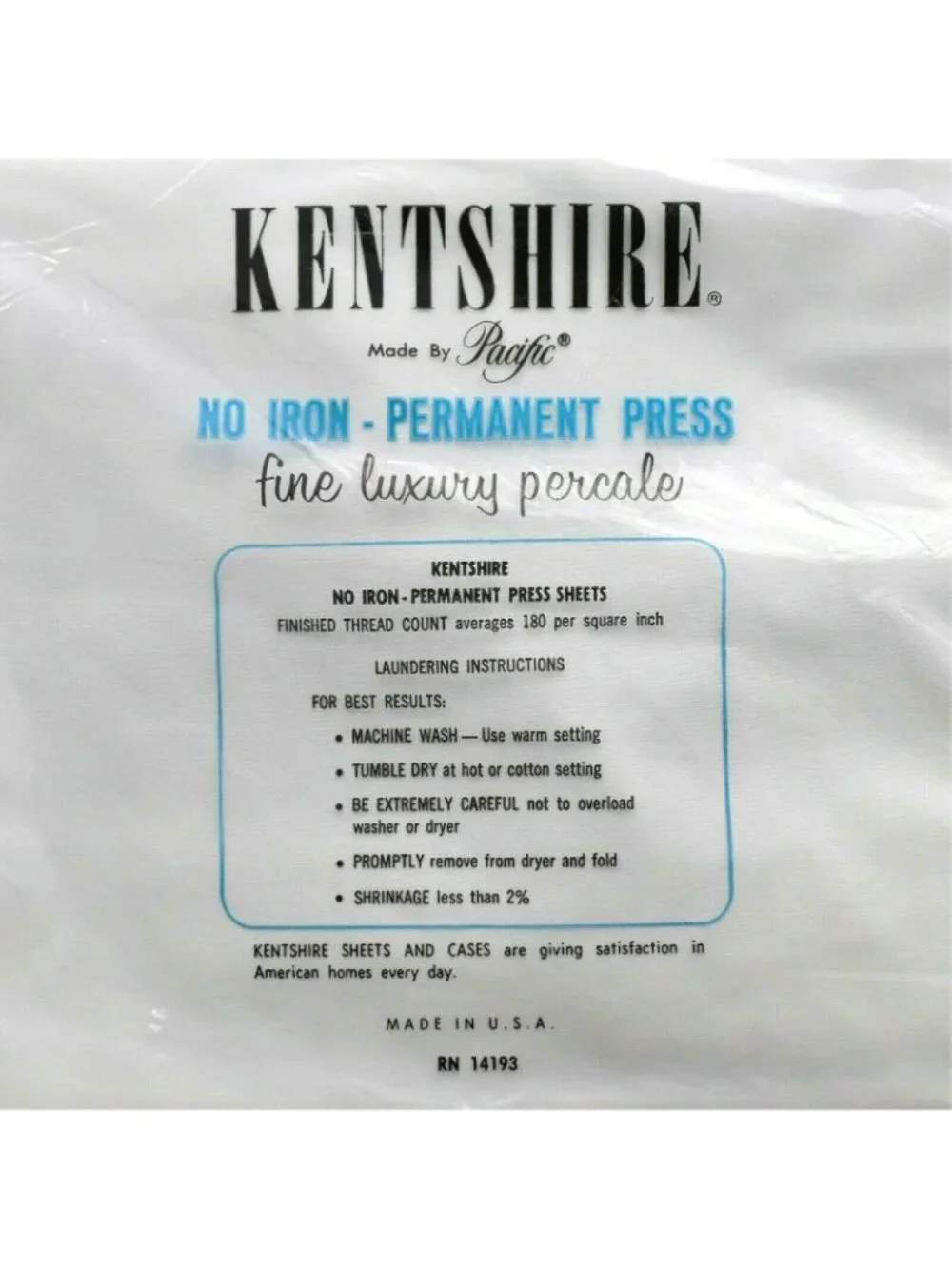 Vintage Pacific Kentshire White Full Flat Sheet Percale NOS Made in USA 81